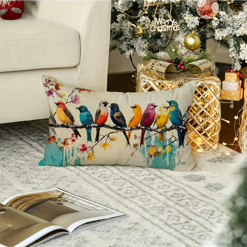 Watercolor Bird Linen Throw Pillow Cover - Machine Washable Decorative Sofa Cushion