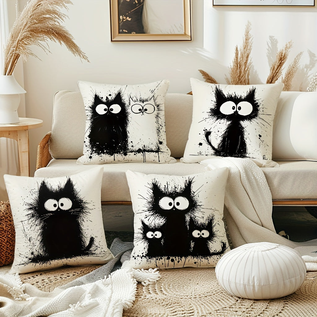 Boho Chic Black Cat Throw Pillow Covers (4-Pack) - 18x18 Inch Decorative Cushion Cases
