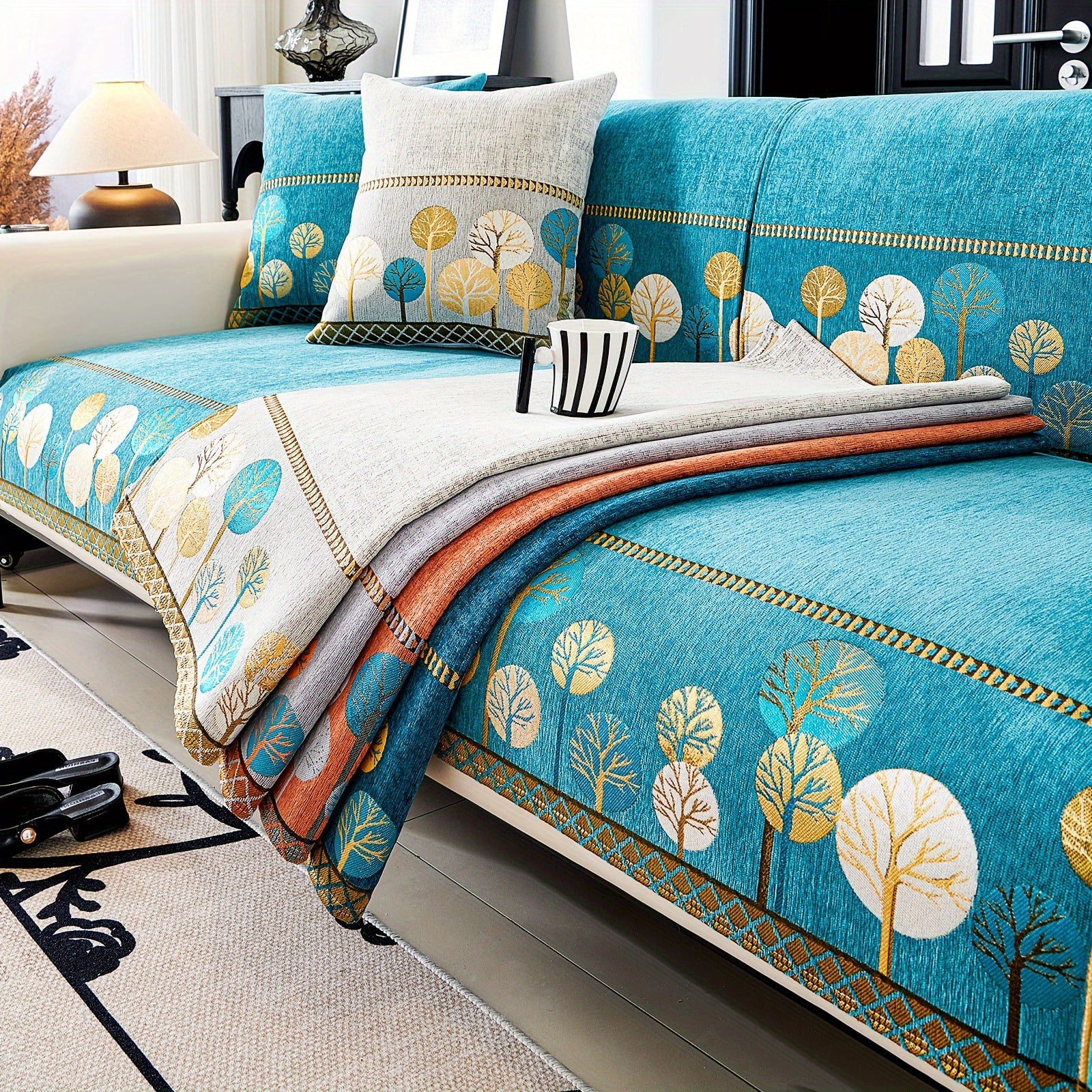Bohemia Chenille Sofa Cover Geometric Embroidery & Pet-Friendly