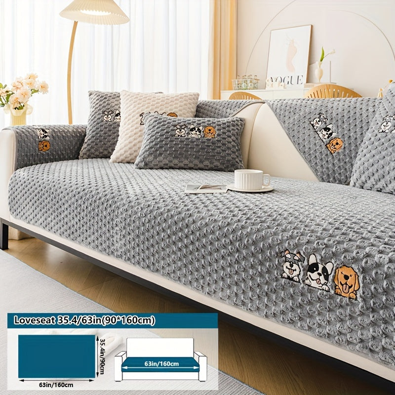 Honeycomb Velvet Sofa Slipcover Cute Dog Embroidery & Pet-Friendly