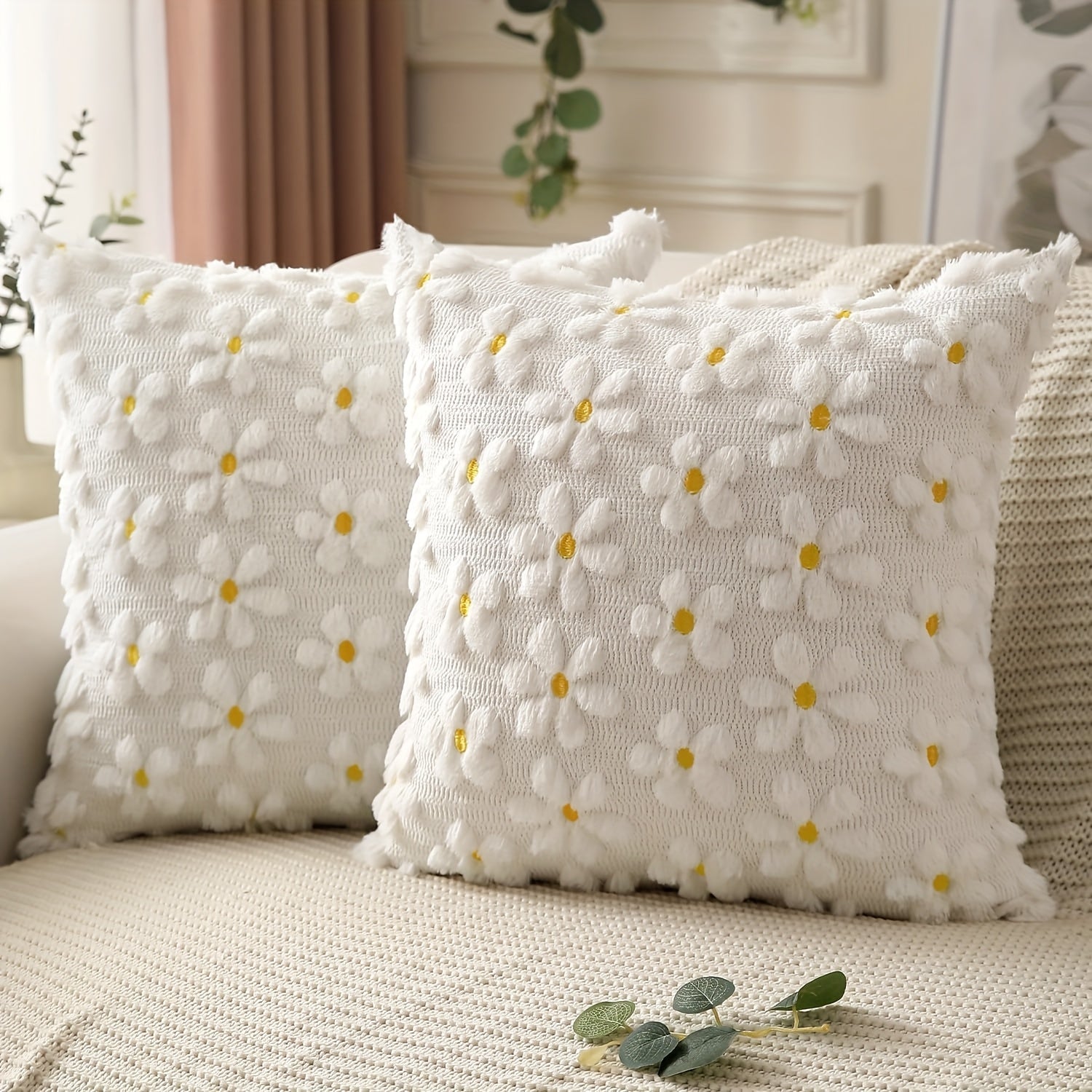 Spring Summer Pillow Covers (Set of 2) - Farmhouse Decor with Yellow Flowers