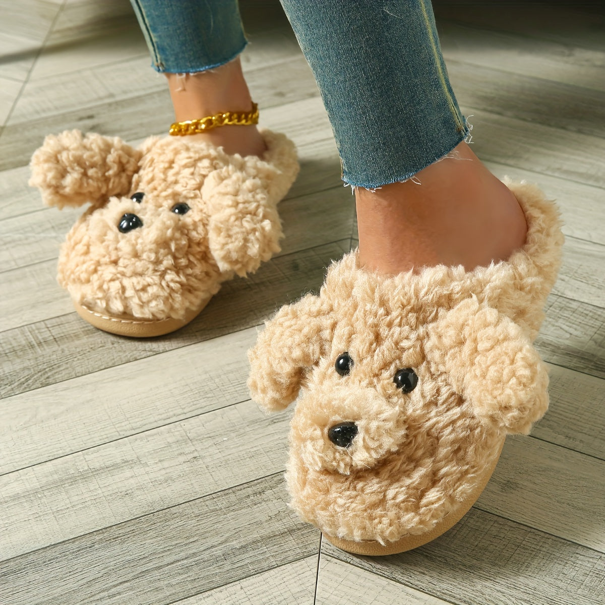 Women’s Cute Teddy Dog Plush Slippers – All-Season Indoor Outdoor, EVA Sole