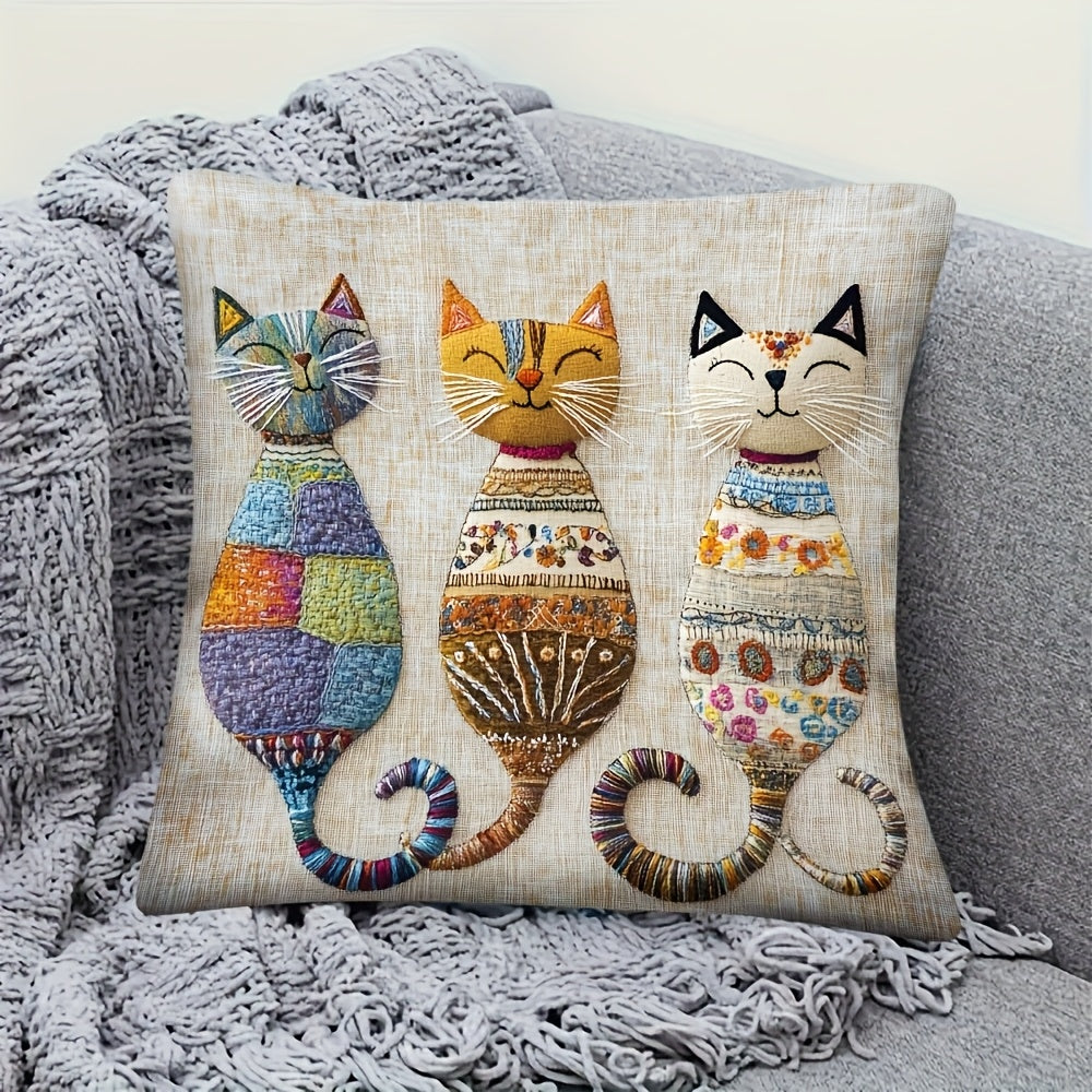 Cute Cats Throw Pillow Cover – 1pc Plush, Embroidery Look, Zippered, 100% Polyester