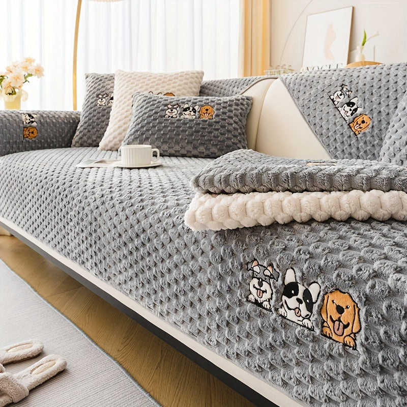 Honeycomb Velvet Sofa Slipcover Cute Dog Embroidery & Pet-Friendly