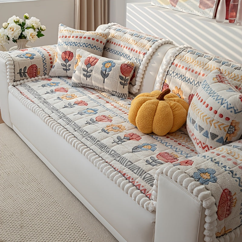 Bohemian Plush Milk Fleece Sofa Cover | Warm Floral Couch Protector