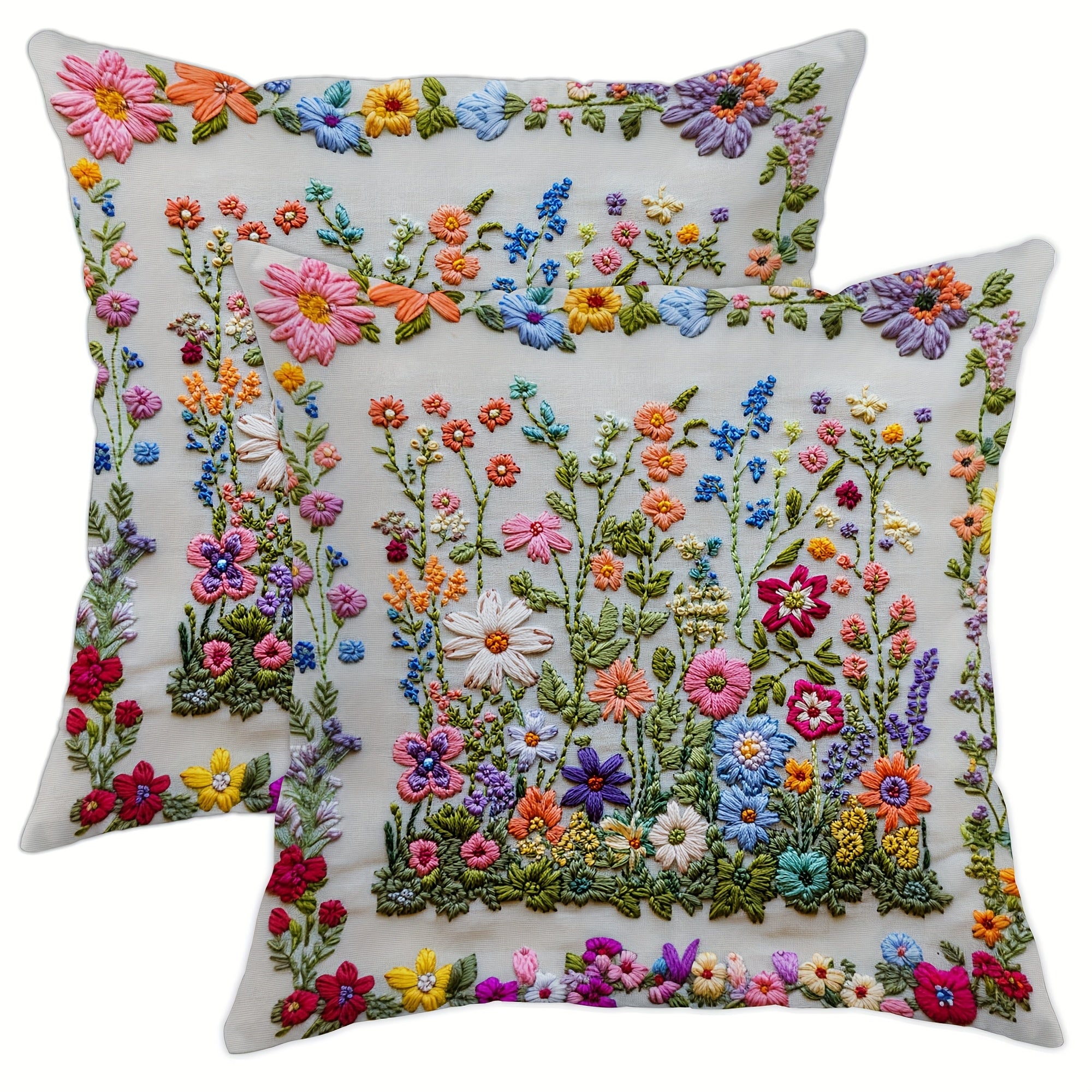 Floral Embroidery Pillow Covers Set of 2 - Vintage Rustic Spring Summer Decor