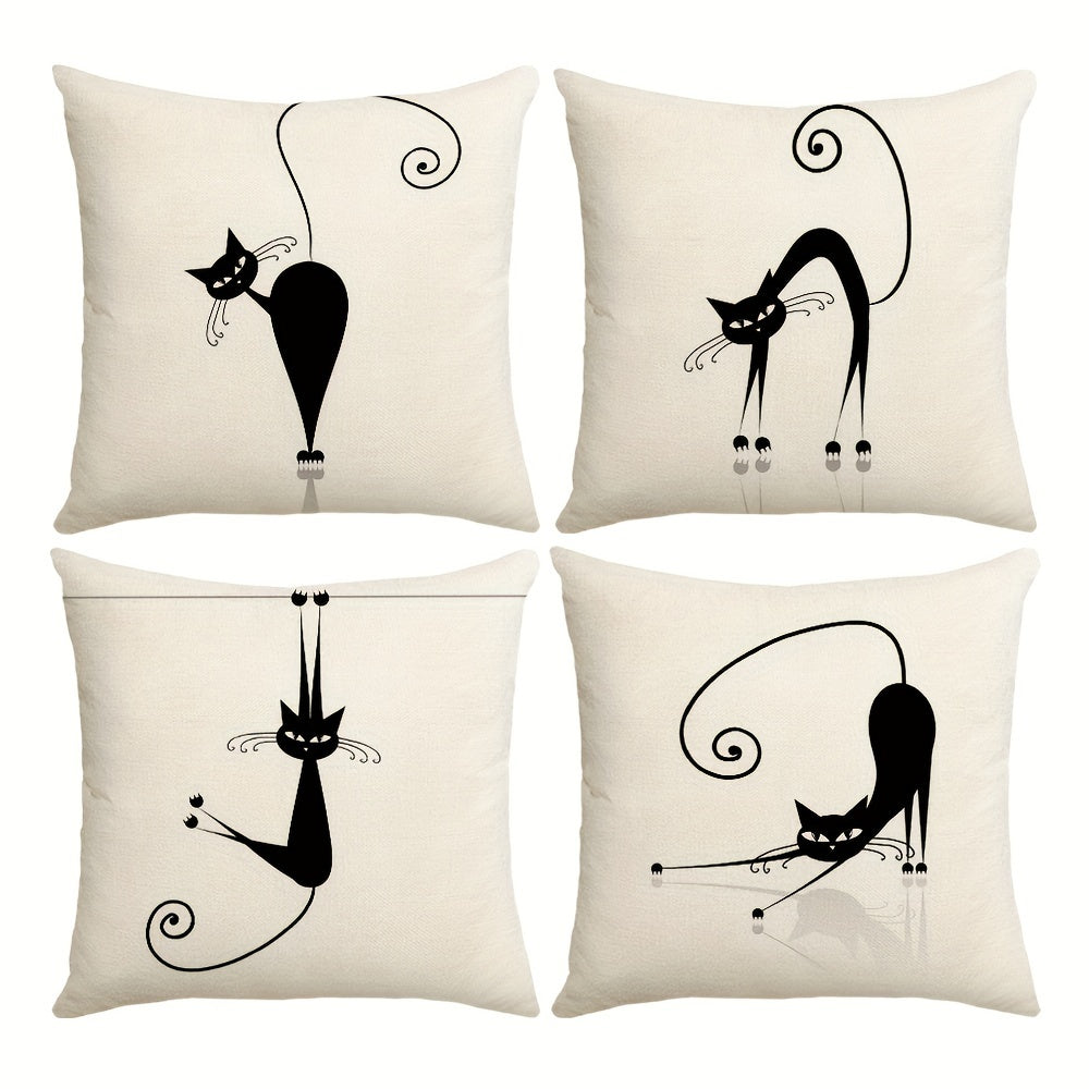 4pcs Boho Black Cat Throw Pillow Covers – 17.7x17.7in, Zippered, Paisley Pattern