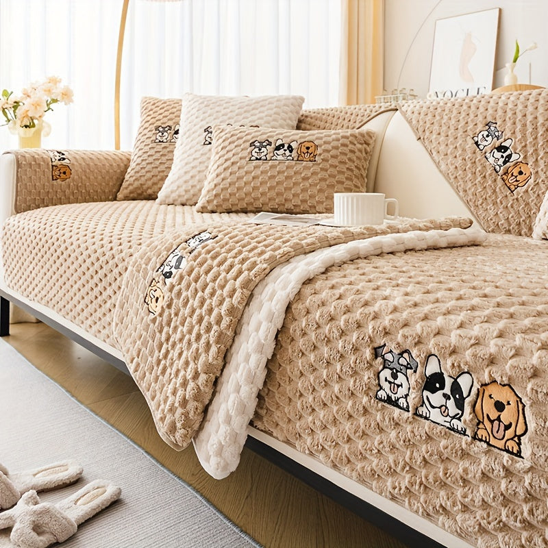 Honeycomb Velvet Sofa Slipcover Cute Dog Embroidery & Pet-Friendly