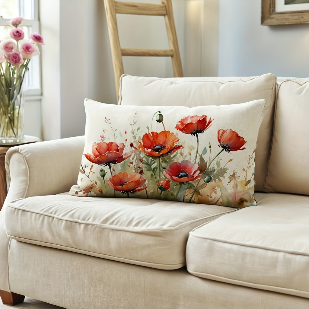 Red Linen Lumbar Pillow Cover (12x20) - Farmhouse Decorative Cushion Case