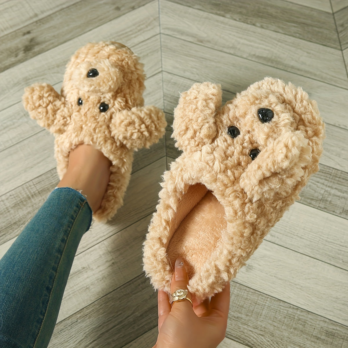 Women’s Cute Teddy Dog Plush Slippers – All-Season Indoor Outdoor, EVA Sole