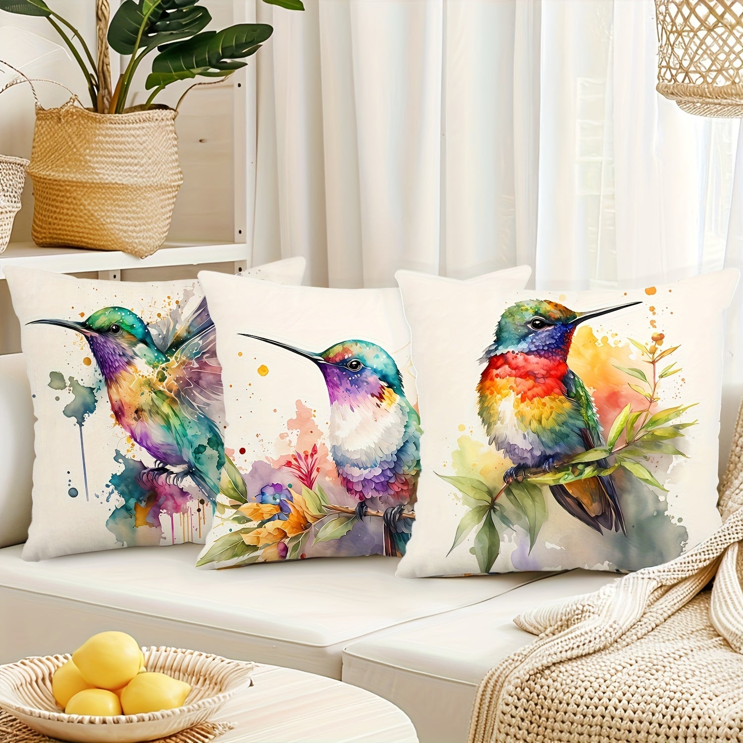 Artistic Hummingbird Pillow Covers 4-Pack 18x18" - Machine Washable Floral Design