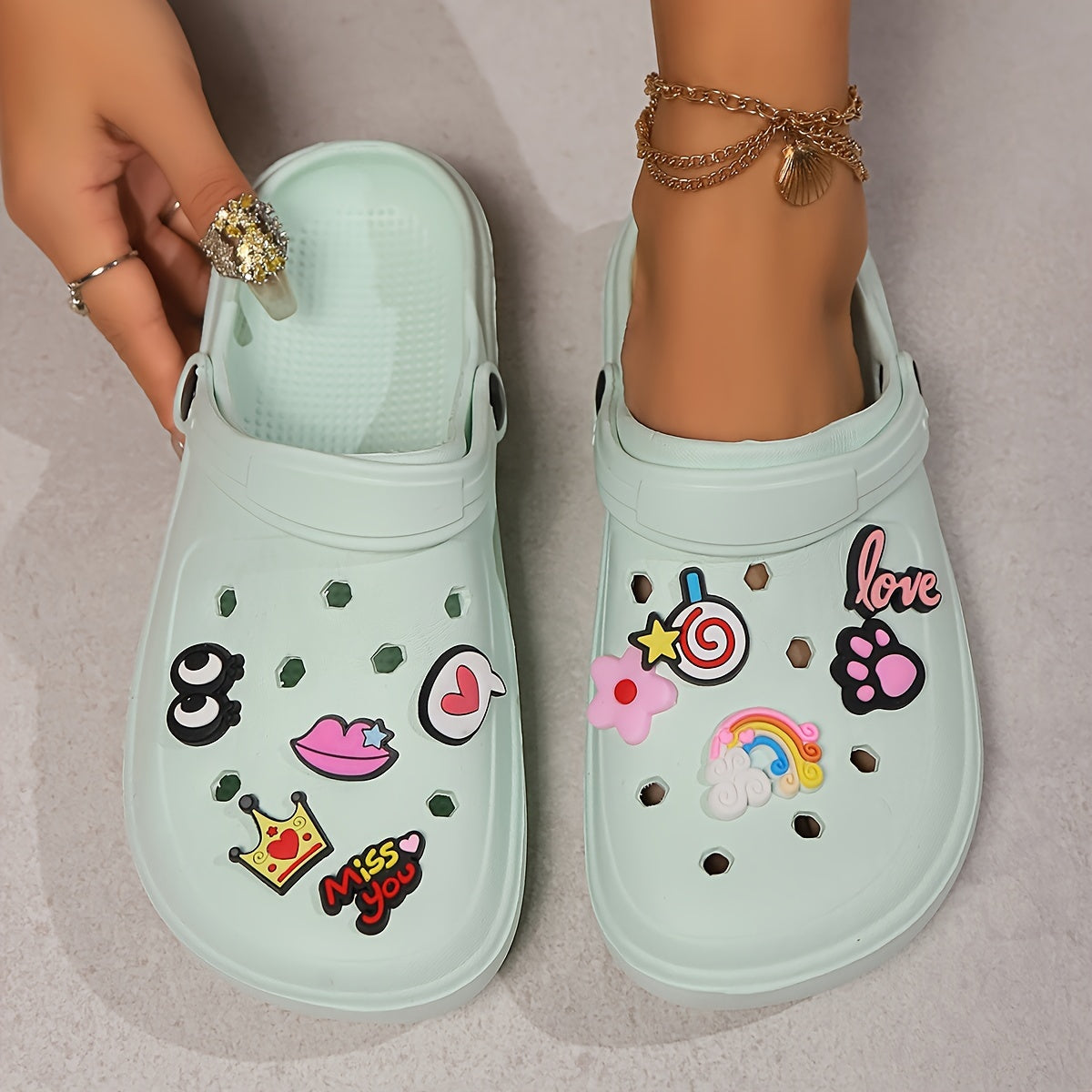 Women’s Elegant Summer Clogs – Breathable Thick Sole Beach Sandals with Charms