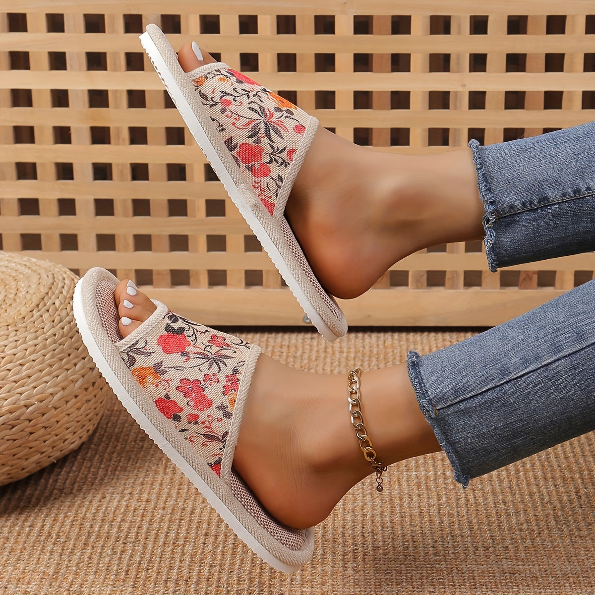 Women’s Floral Linen Slippers – Breathable Open Toe Flat Indoor House Shoes