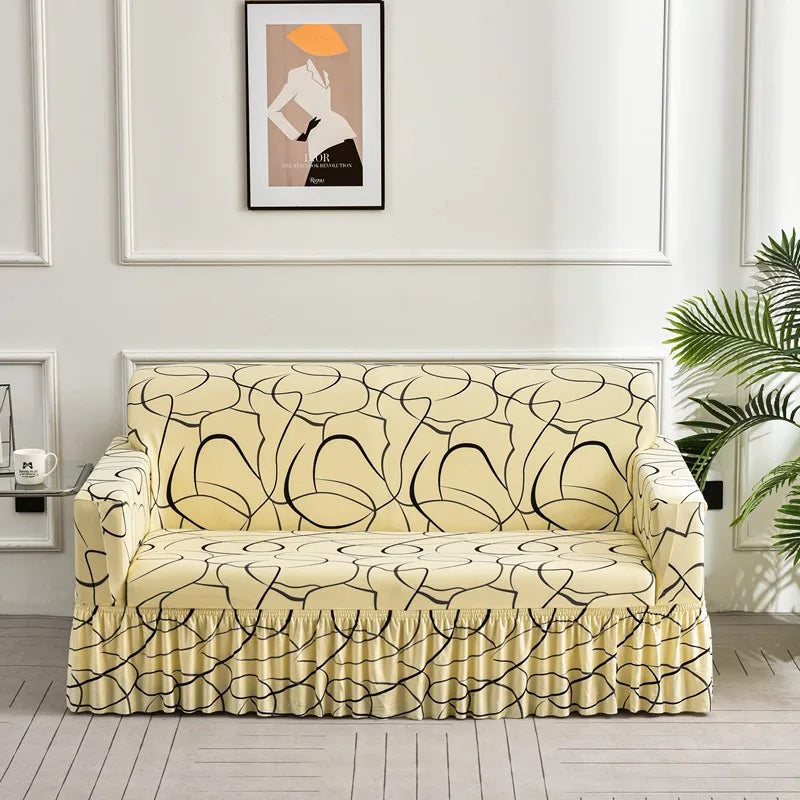 Elastic Cover with Skirt for Sofa, Geometric Pattern Slipcover