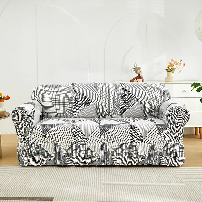 Elastic Cover with Skirt for Sofa, Geometric Pattern Slipcover