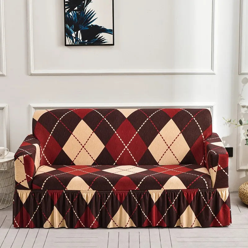 Elastic Cover with Skirt for Sofa, Geometric Pattern Slipcover