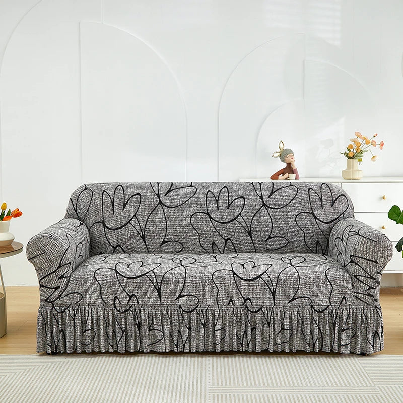 Elastic Cover with Skirt for Sofa, Geometric Pattern Slipcover