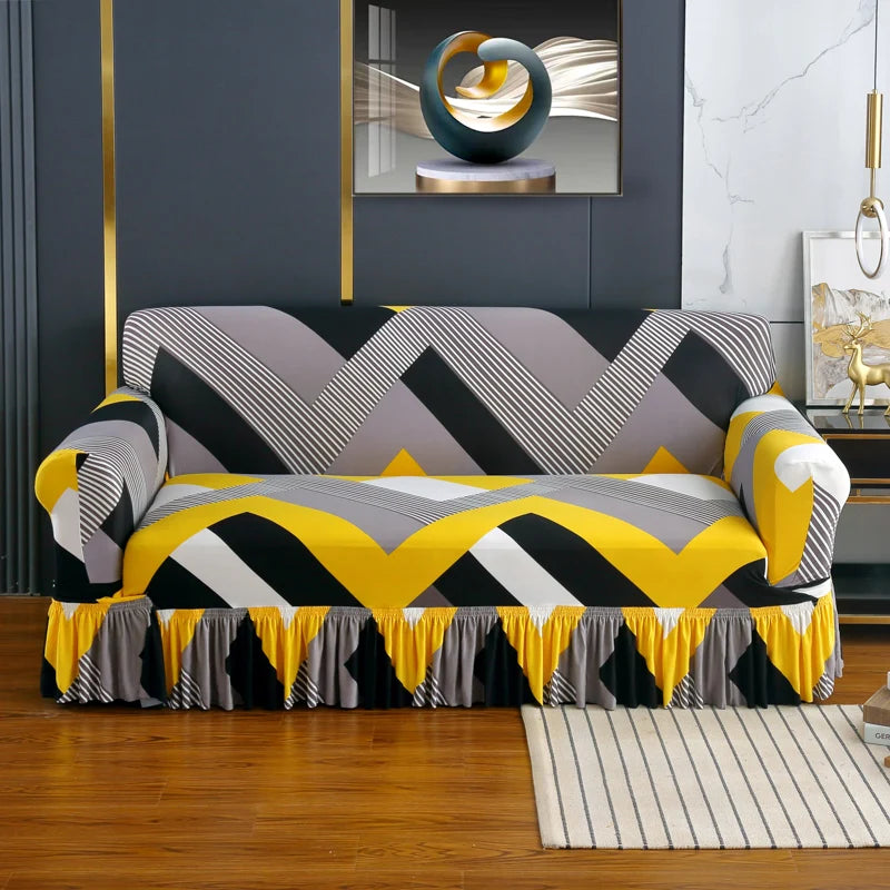 Elastic Cover with Skirt for Sofa, Geometric Pattern Slipcover