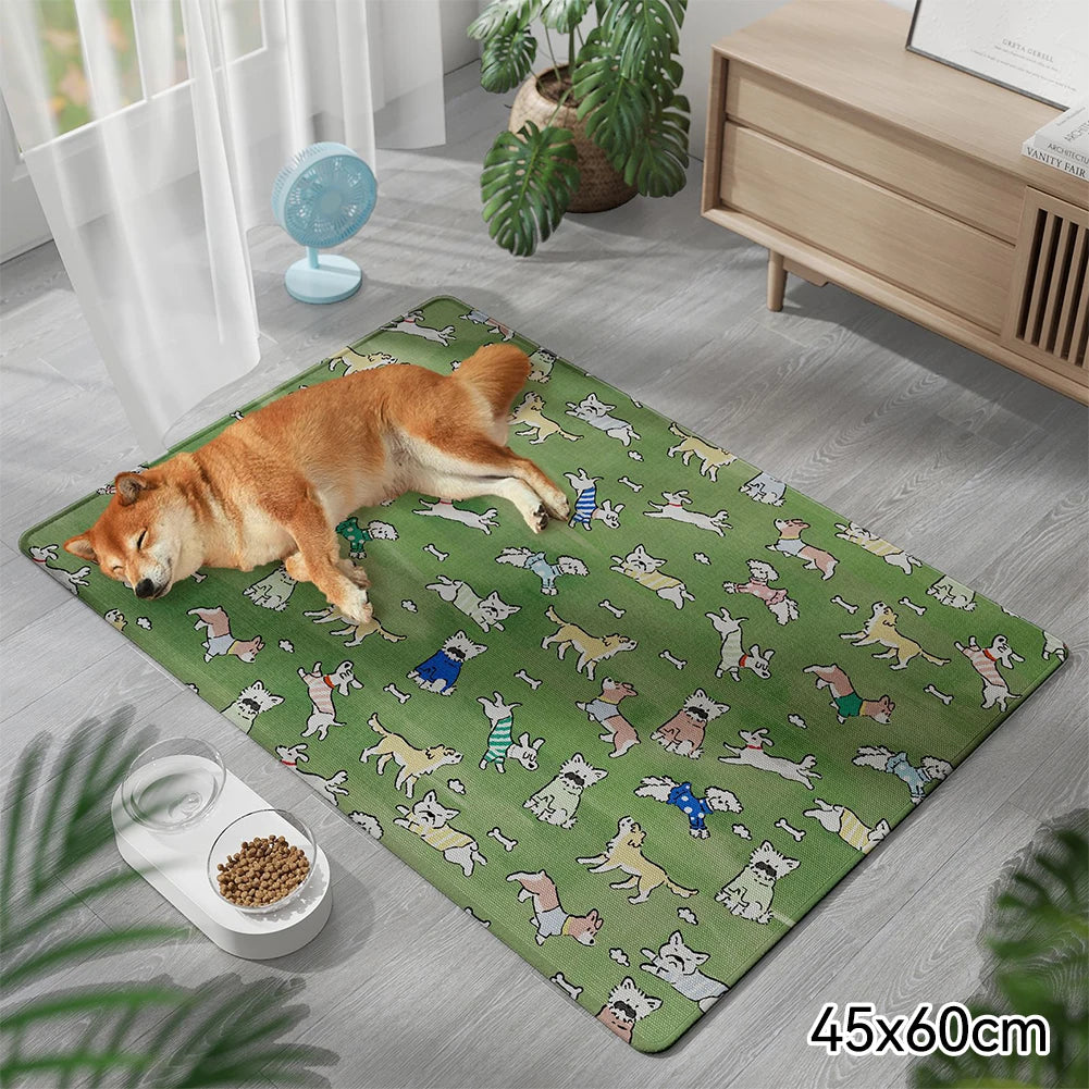 Summer Dog Cooling Mat with Cute Puppy & Kitten Pattern – Breathable Pet Pad