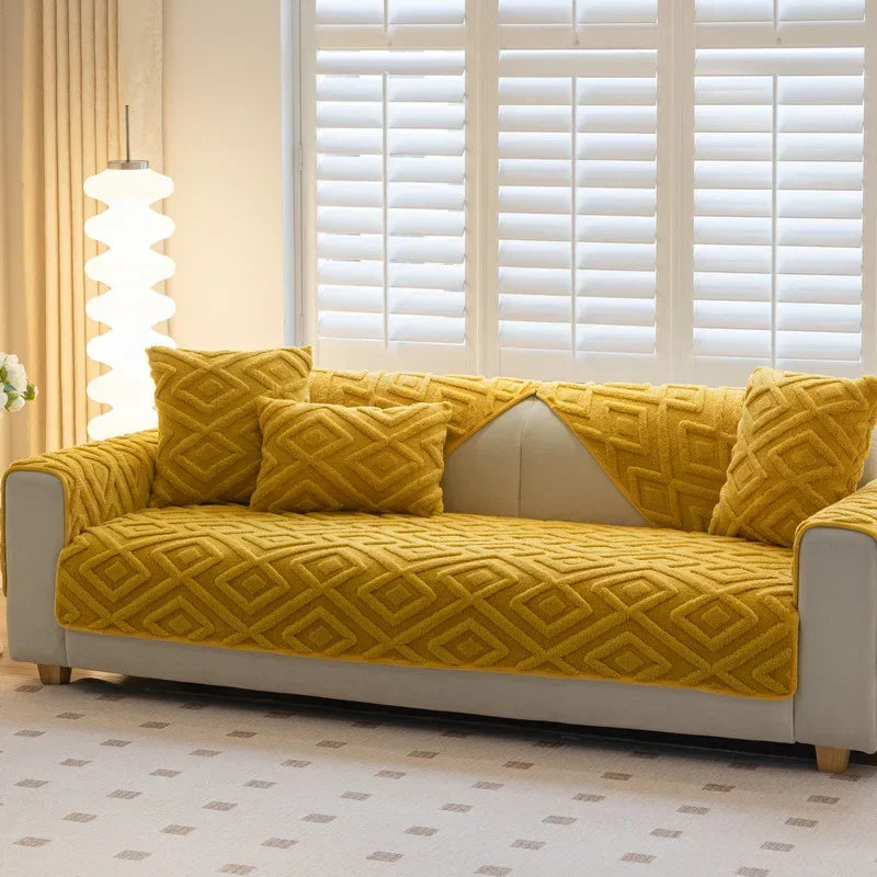 Solid Color Geometric Pattern Sofa Cover, Non-slip Soft Material