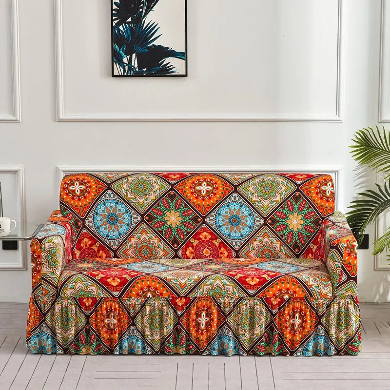 Elastic Cover with Skirt for Sofa, Geometric Pattern Slipcover