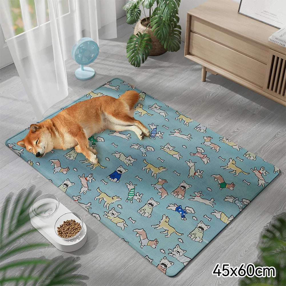 Summer Dog Cooling Mat with Cute Puppy & Kitten Pattern – Breathable Pet Pad