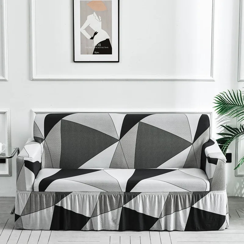 Elastic Cover with Skirt for Sofa, Geometric Pattern Slipcover