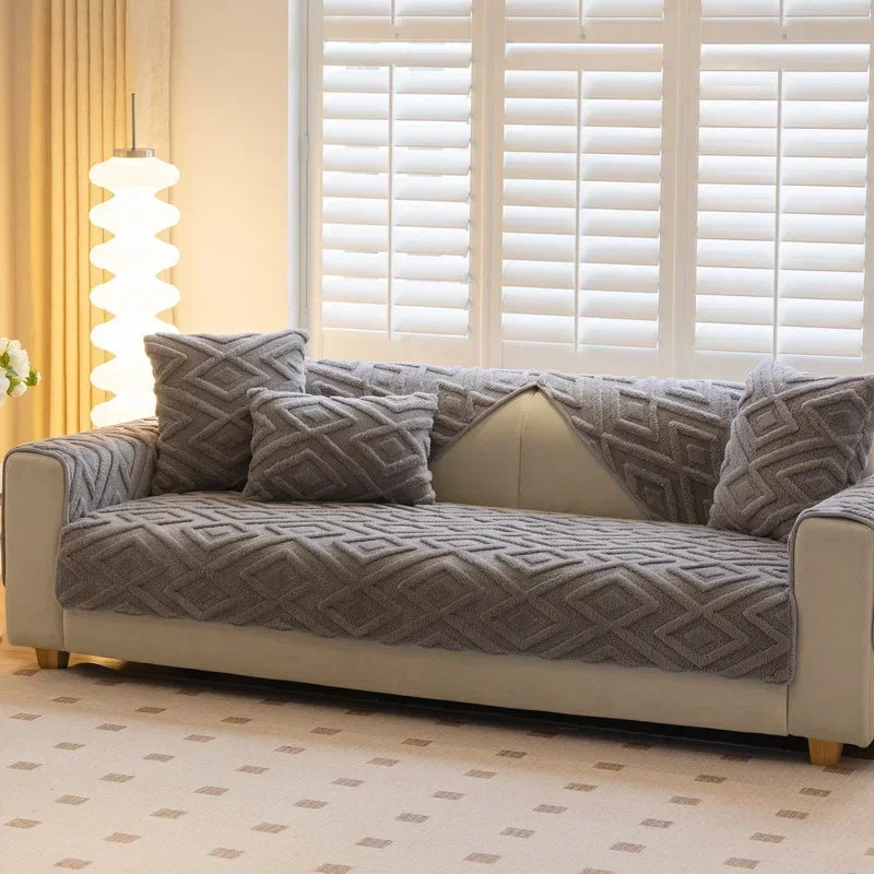 Solid Color Geometric Pattern Sofa Cover, Non-slip Soft Material