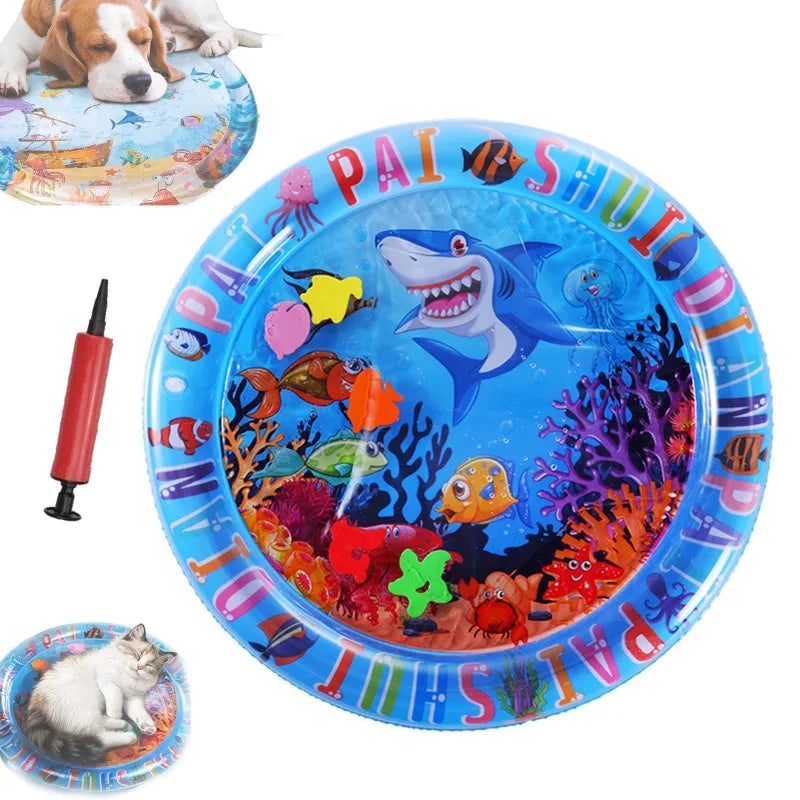 Water Playmat Cooling Pad for Dogs & Cats – Thickened Sensory Mat with Fish