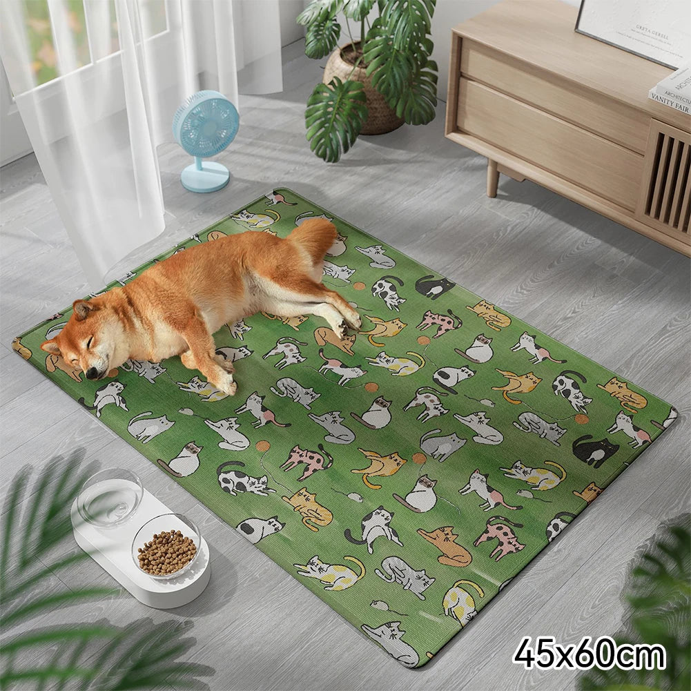Summer Dog Cooling Mat with Cute Puppy & Kitten Pattern – Breathable Pet Pad
