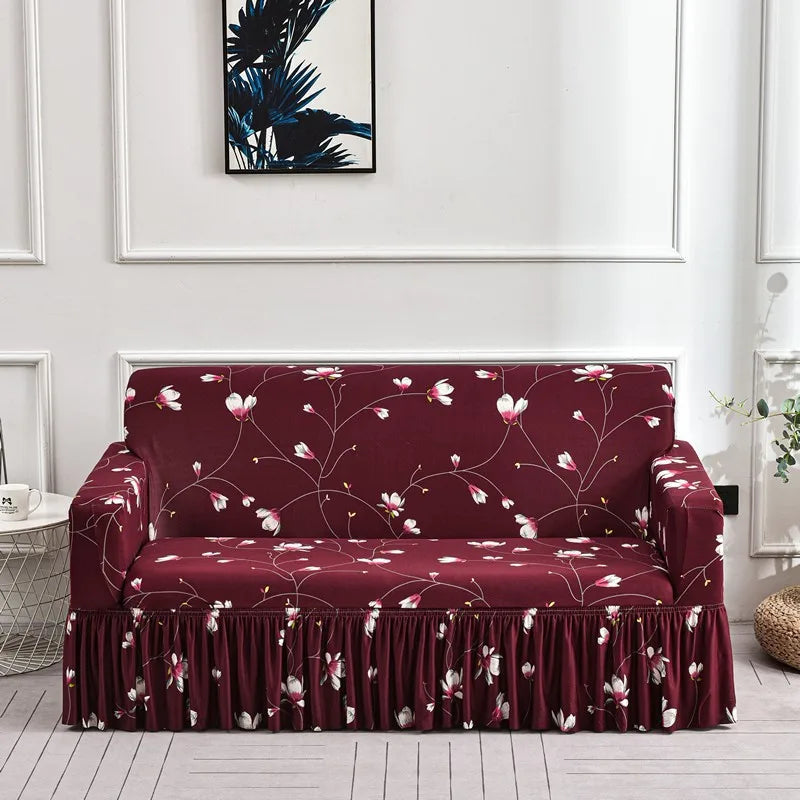 Elastic Cover with Skirt for Sofa, Geometric Pattern Slipcover