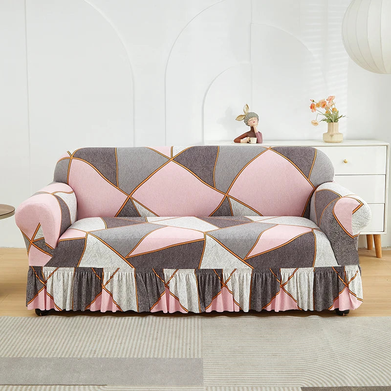 Elastic Cover with Skirt for Sofa, Geometric Pattern Slipcover