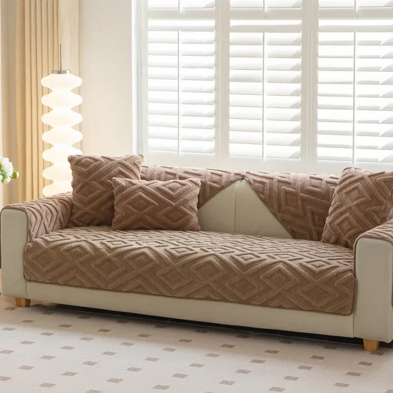 Solid Color Geometric Pattern Sofa Cover, Non-slip Soft Material