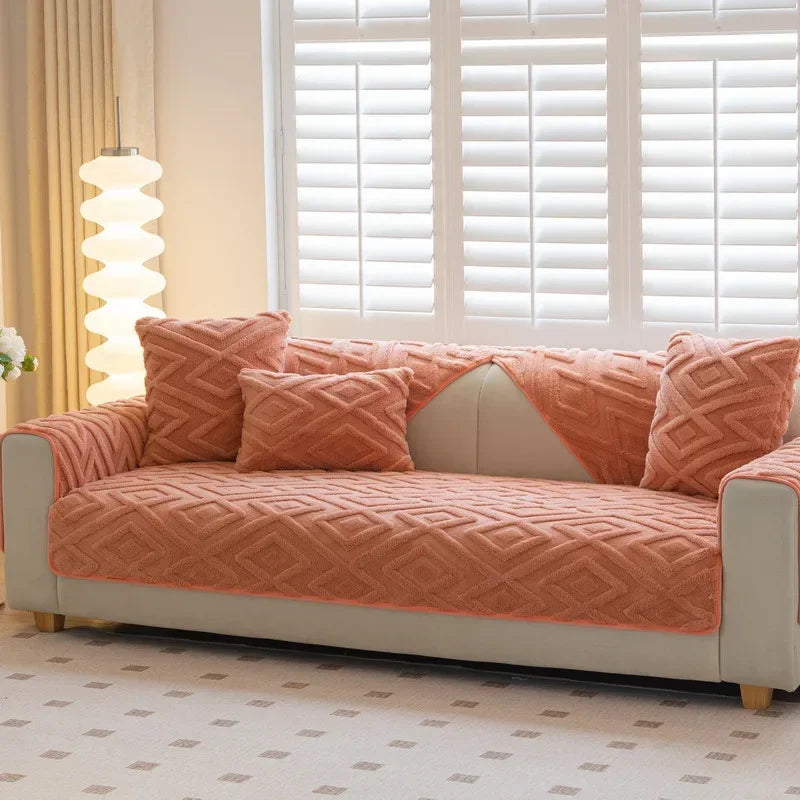 Solid Color Geometric Pattern Sofa Cover, Non-slip Soft Material