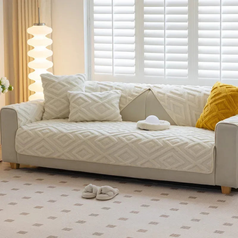 Solid Color Geometric Pattern Sofa Cover, Non-slip Soft Material