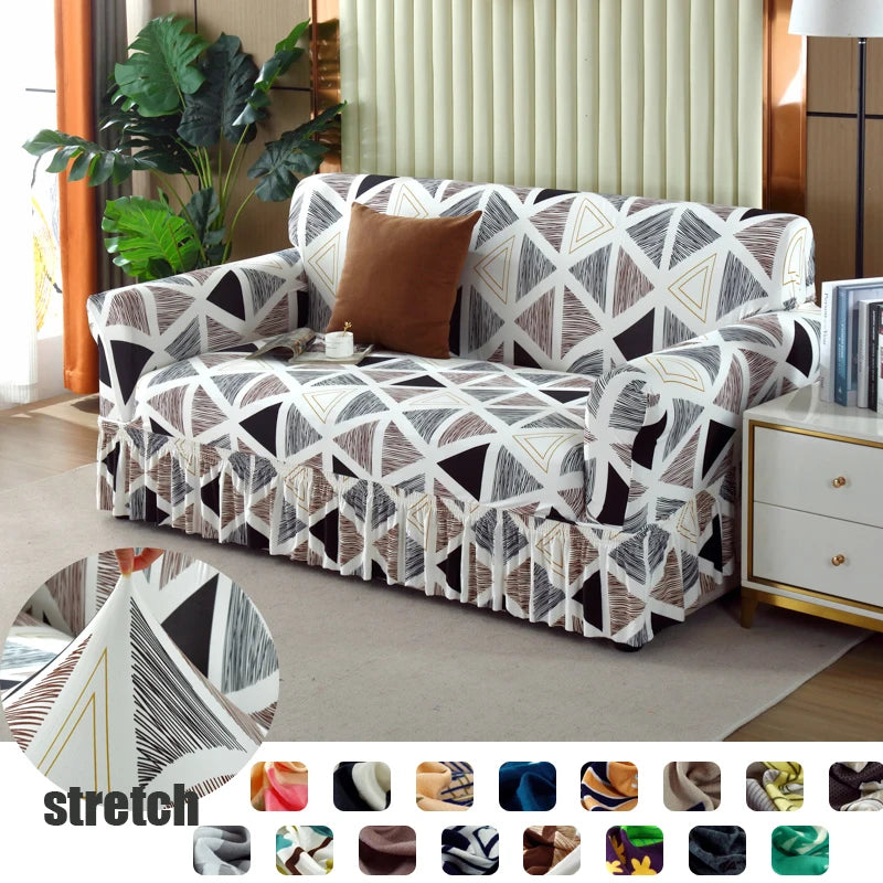 Elastic Cover with Skirt for Sofa, Geometric Pattern Slipcover