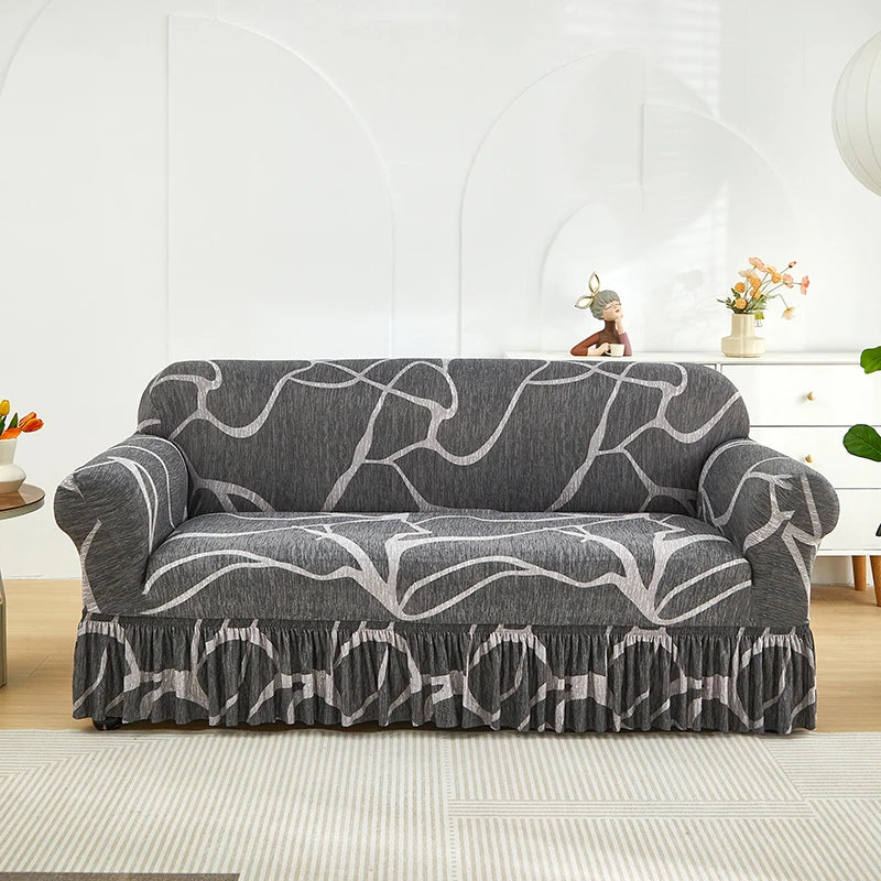 Elastic Cover with Skirt for Sofa, Geometric Pattern Slipcover