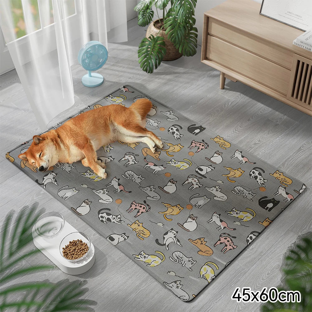 Summer Dog Cooling Mat with Cute Puppy & Kitten Pattern – Breathable Pet Pad
