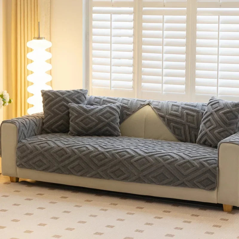 Solid Color Geometric Pattern Sofa Cover, Non-slip Soft Material