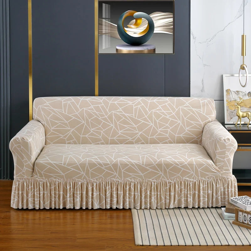 Elastic Cover with Skirt for Sofa, Geometric Pattern Slipcover