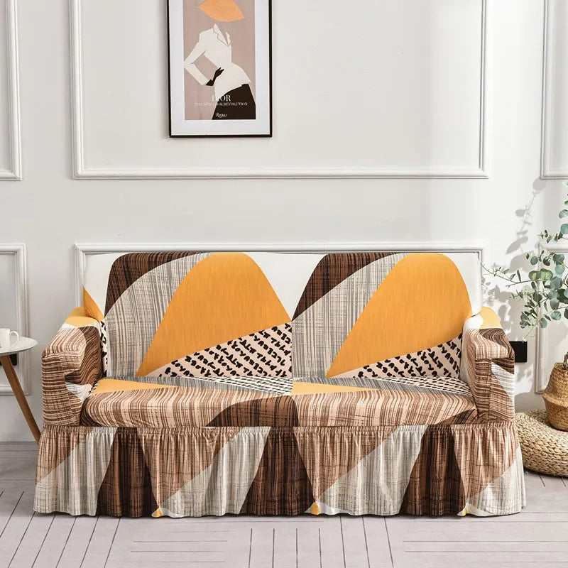 Elastic Cover with Skirt for Sofa, Geometric Pattern Slipcover