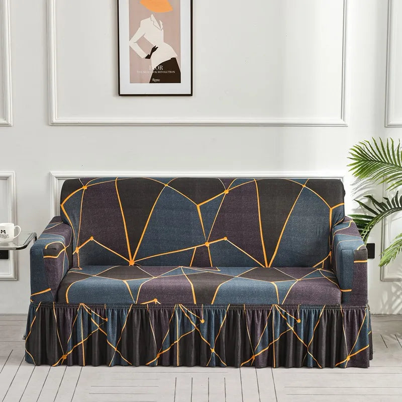 Elastic Cover with Skirt for Sofa, Geometric Pattern Slipcover