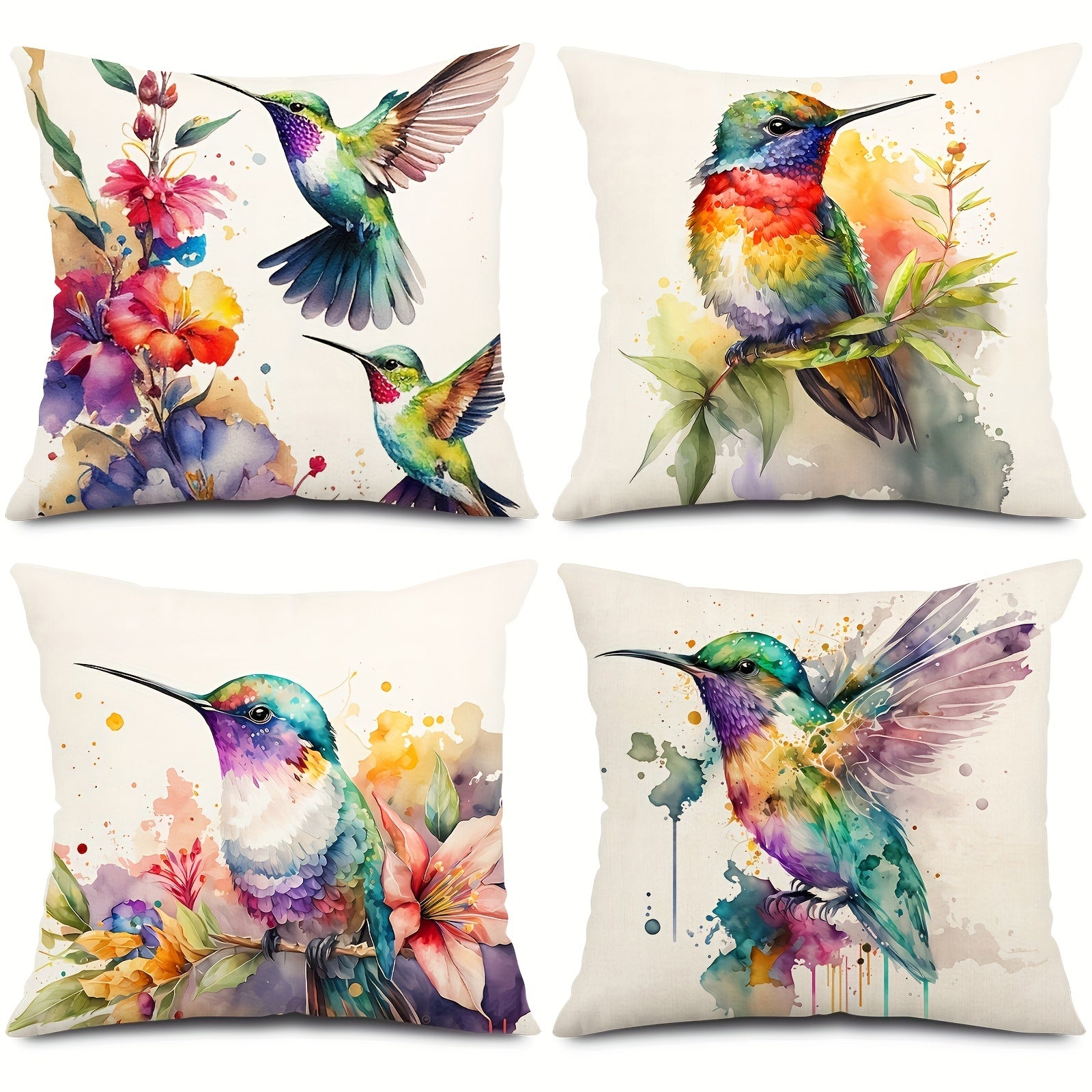 Artistic Hummingbird Pillow Covers 4-Pack 18x18" - Machine Washable Floral Design