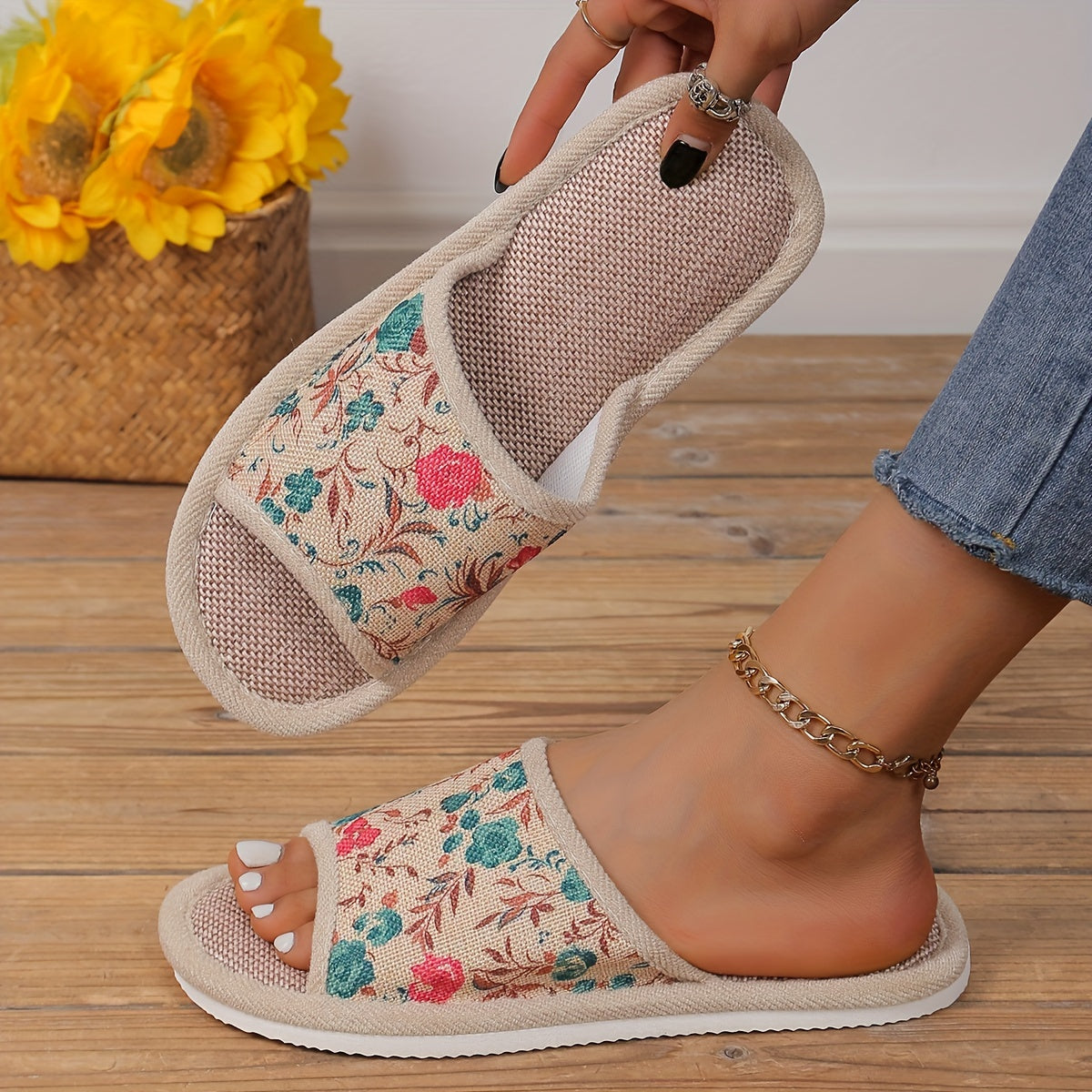 Women’s Floral Linen Slippers – Breathable Open Toe Flat Indoor House Shoes