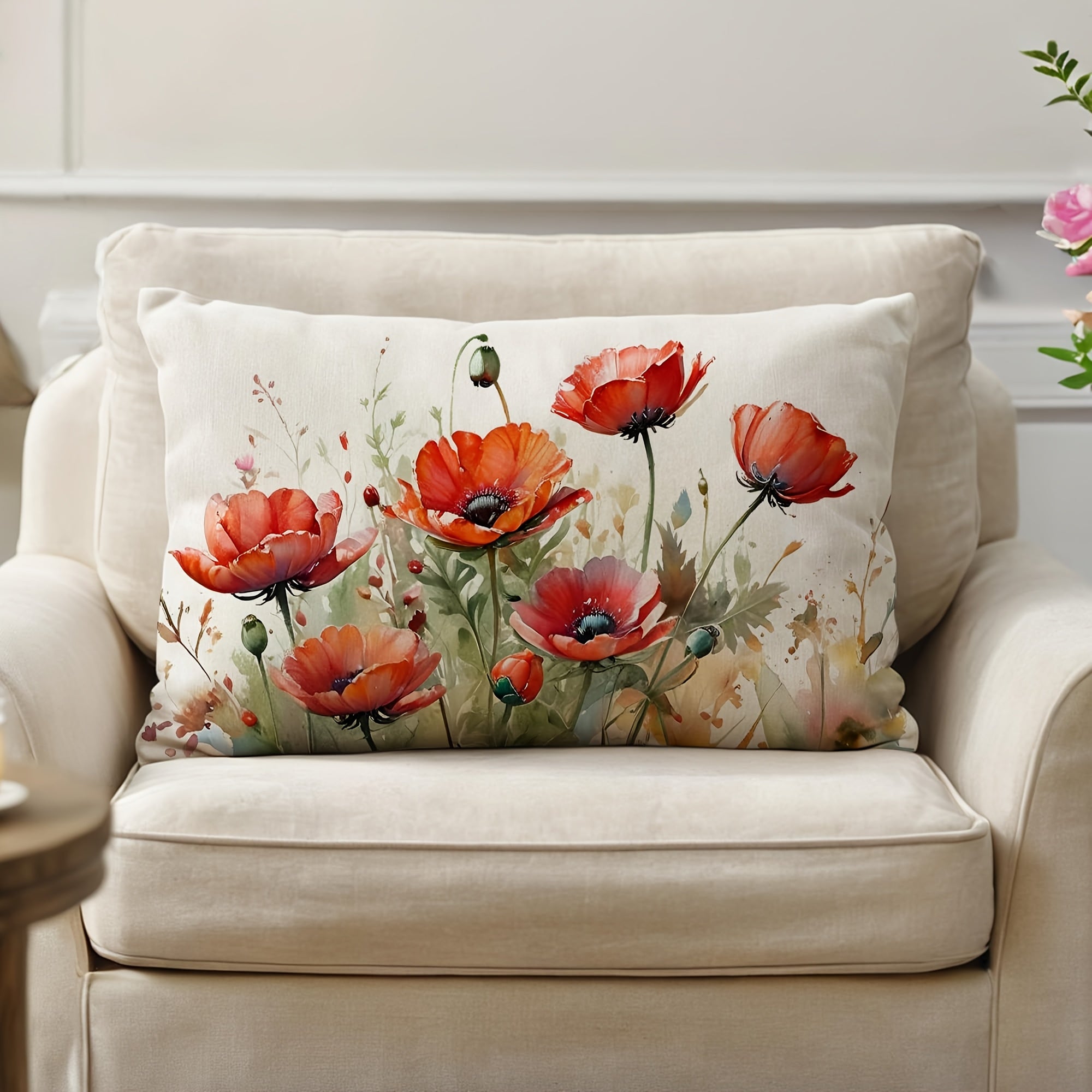 Red Linen Lumbar Pillow Cover (12x20) - Farmhouse Decorative Cushion Case