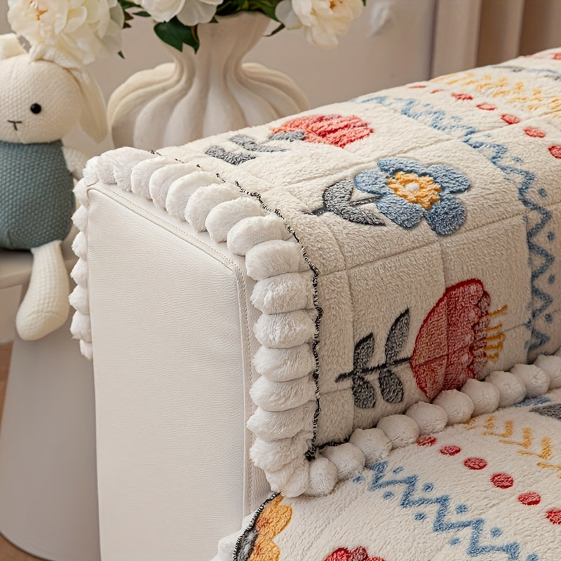 Bohemian Plush Milk Fleece Sofa Cover | Warm Floral Couch Protector