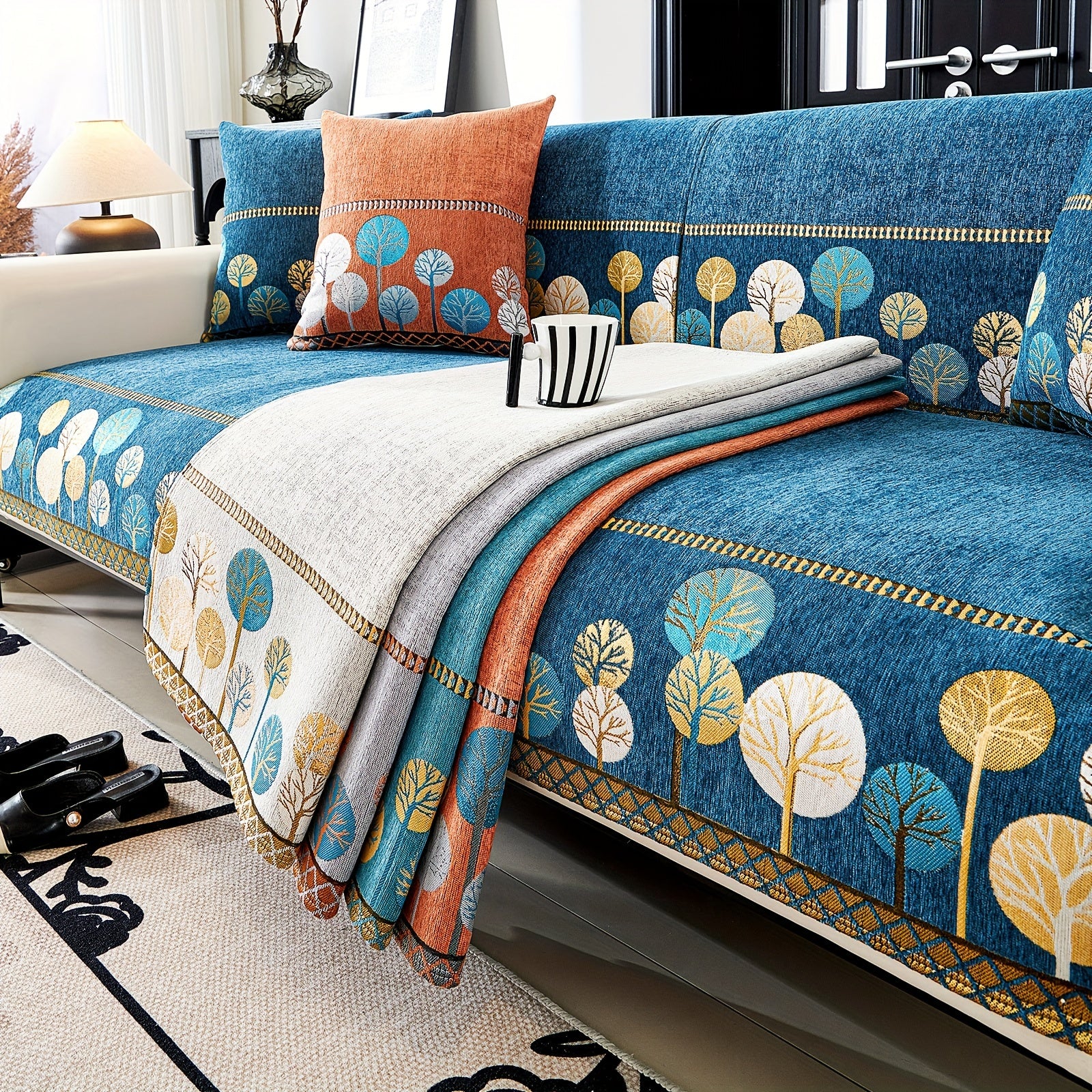 Bohemia Chenille Sofa Cover Geometric Embroidery & Pet-Friendly