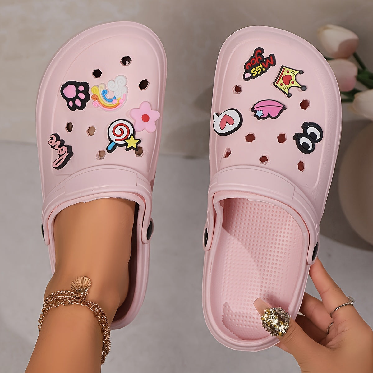 Women’s Elegant Summer Clogs – Breathable Thick Sole Beach Sandals with Charms
