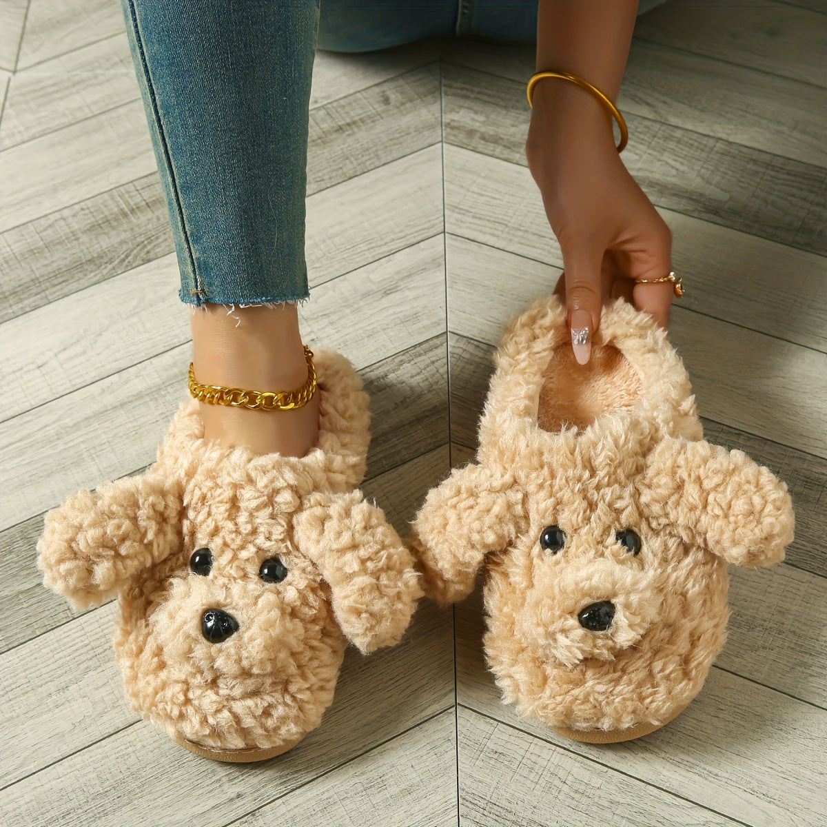 Women’s Cute Teddy Dog Plush Slippers – All-Season Indoor Outdoor, EVA Sole